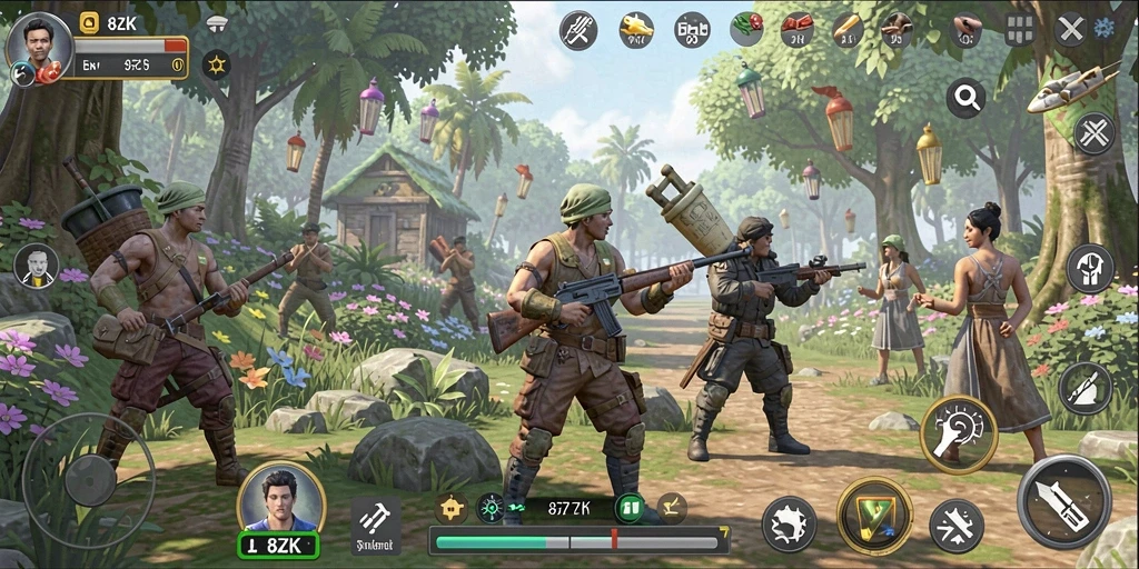Tampilan gameplay 8ZK dengan aktivitas membangun dan berinteraksi.