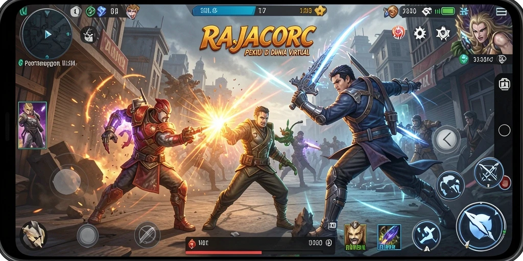 Gameplay seru RAJACORC dengan pertarungan yang intens.